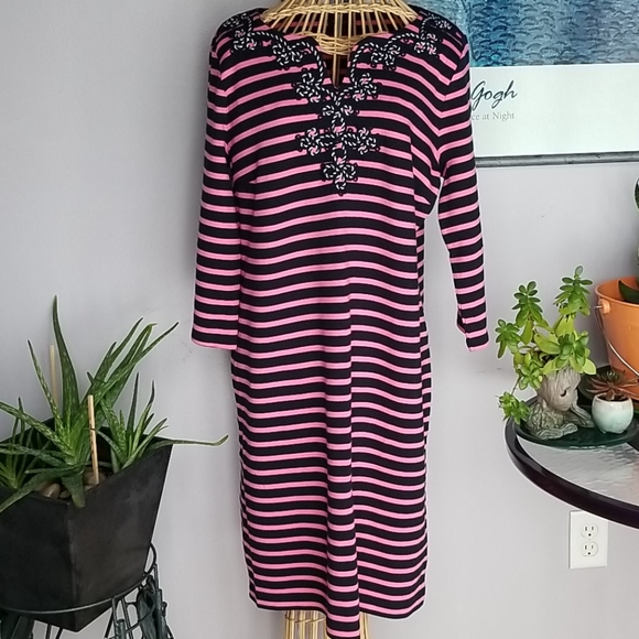 Talbots Dresses & Skirts - Talbots Petites Pink and Black Striped 3/4 Sleeve Midi Large Petite Dress